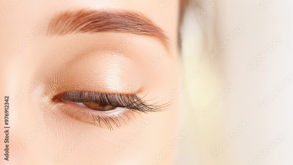 Fototapeta premium Close-up of a woman's closed eye with long eyelashes and groomed eyebrow