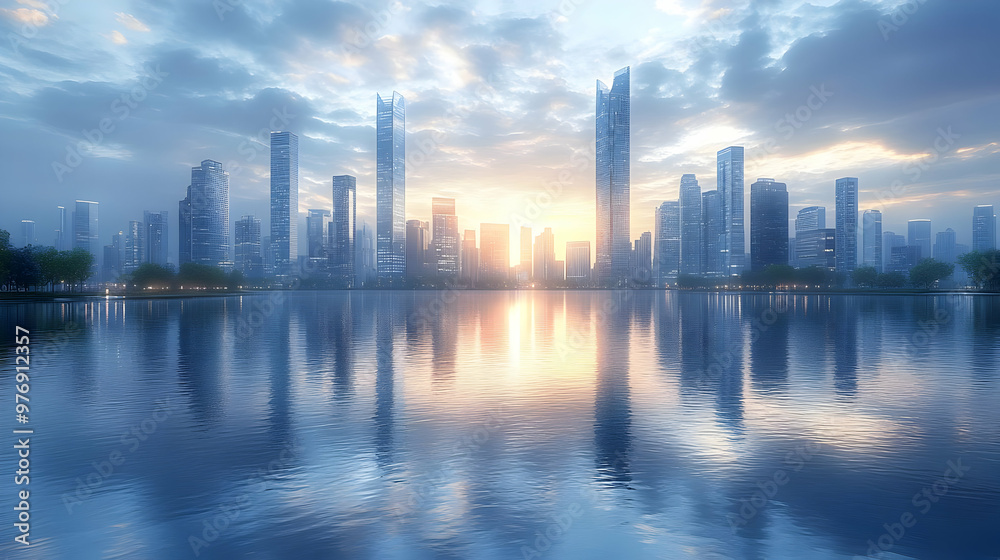 A city skyline with tall skyscrapers reflected in a calm lake at sunrise. A city skyline with tall skyscrapers reflected in a calm lake at sunrise.