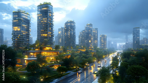 A city skyline with tall bu...
