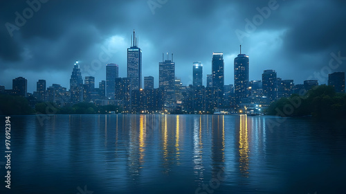 A city skyline with tall sk...