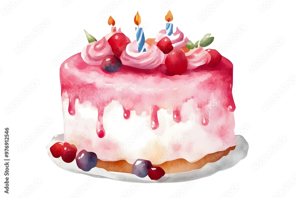 Watercolor illustration of a birthday cake topped with red berries and candles, isolated on a white background Watercolor illustration of a birthday cake topped with red berries and candles, isolated on a white background