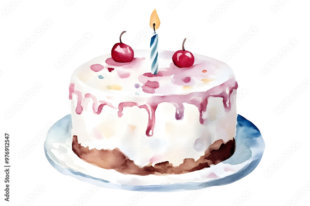 Watercolor illustration of a birthday cake topped with red berries and candles, isolated on a white background Watercolor illustration of a birthday cake topped with red berries and candles, isolated on a white background