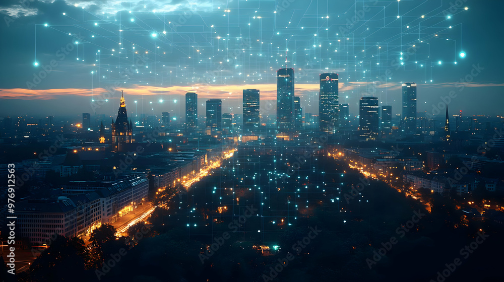 Obraz premium A cityscape at dusk with a network of glowing lines connecting the buildings, symbolizing digital connectivity and communication.