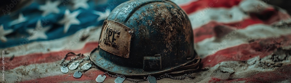 An aged helmet rests on a tattered American flag in this vintage ...