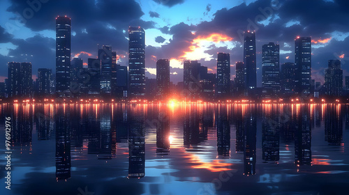 A cityscape at sunset with ...