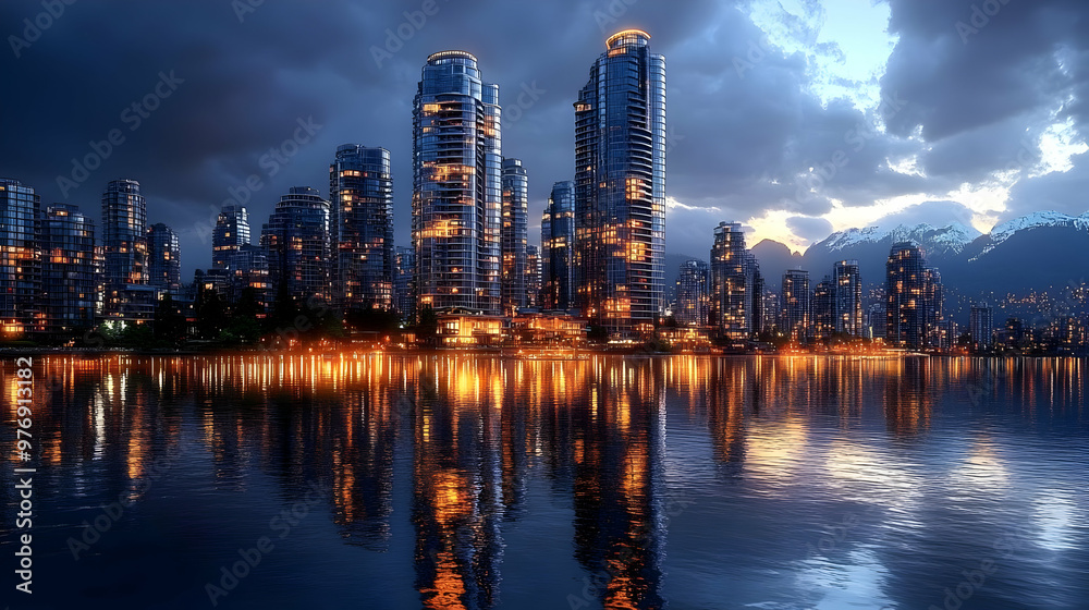 Obraz premium A cityscape of skyscrapers reflected in a calm body of water with a mountain range in the background.