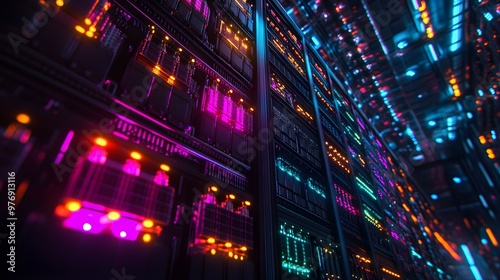 Futuristic Server Room with Colorful Lights.