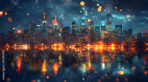 A cityscape of skyscrapers ...