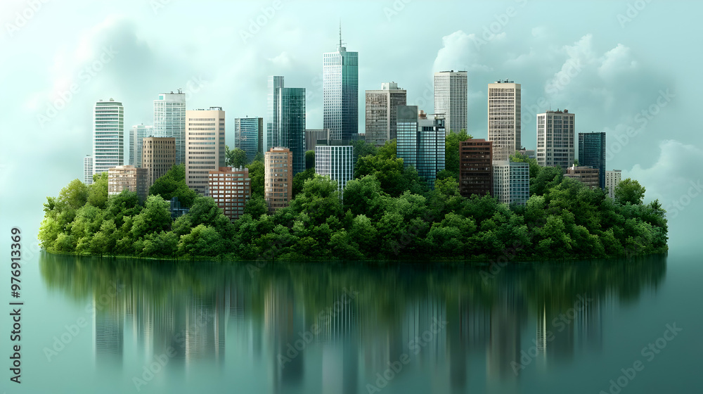 A cityscape rises from a lush green island in a calm blue water, with clouds reflecting in the water. A cityscape rises from a lush green island in a calm blue water, with clouds reflecting in the water.