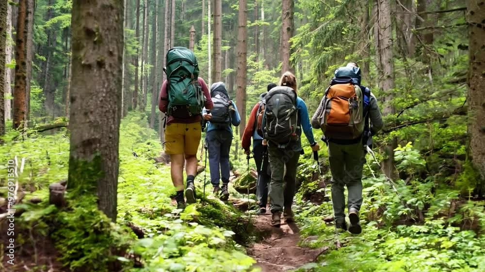 A group of eco-tourists hiking through the lush forests of the Carpathian Mountains, spotting rare wildlife. A group of eco-tourists hiking through the lush forests of the Carpathian Mountains, spotting rare wildlife.