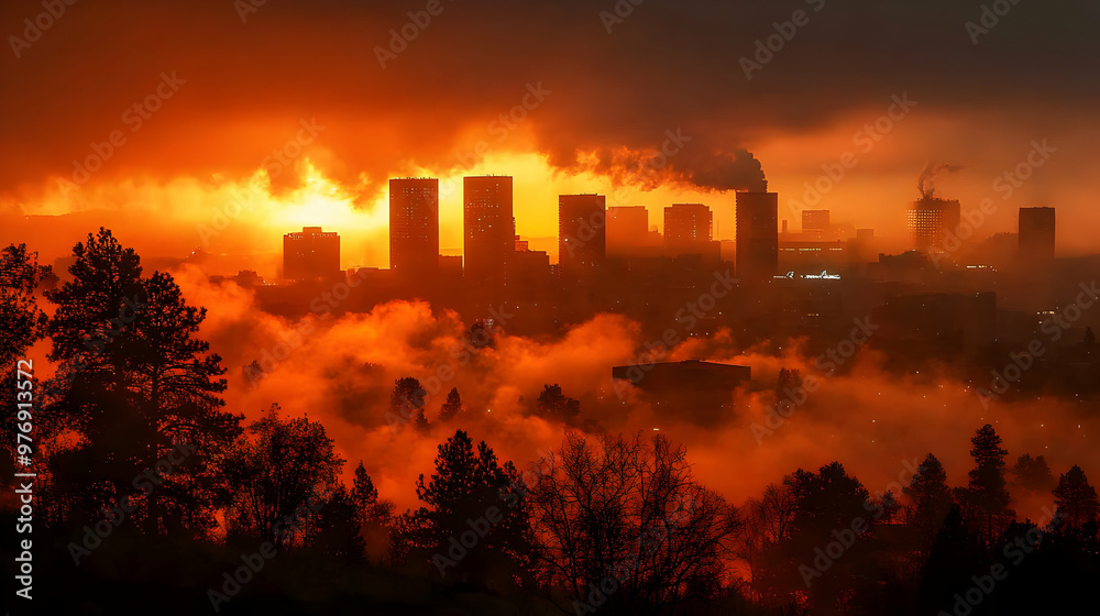 A cityscape shrouded in fog with a fiery sunset behind it. A cityscape shrouded in fog with a fiery sunset behind it.