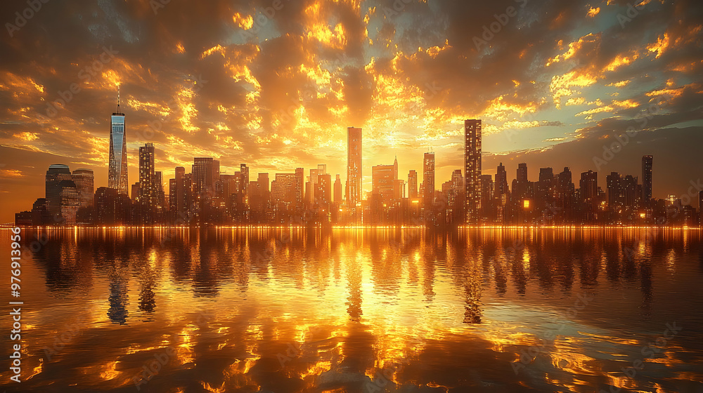 A cityscape silhouetted against a fiery sunset, with the city reflecting in the water below. A cityscape silhouetted against a fiery sunset, with the city reflecting in the water below.