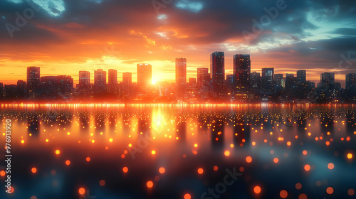 A cityscape silhouette with...