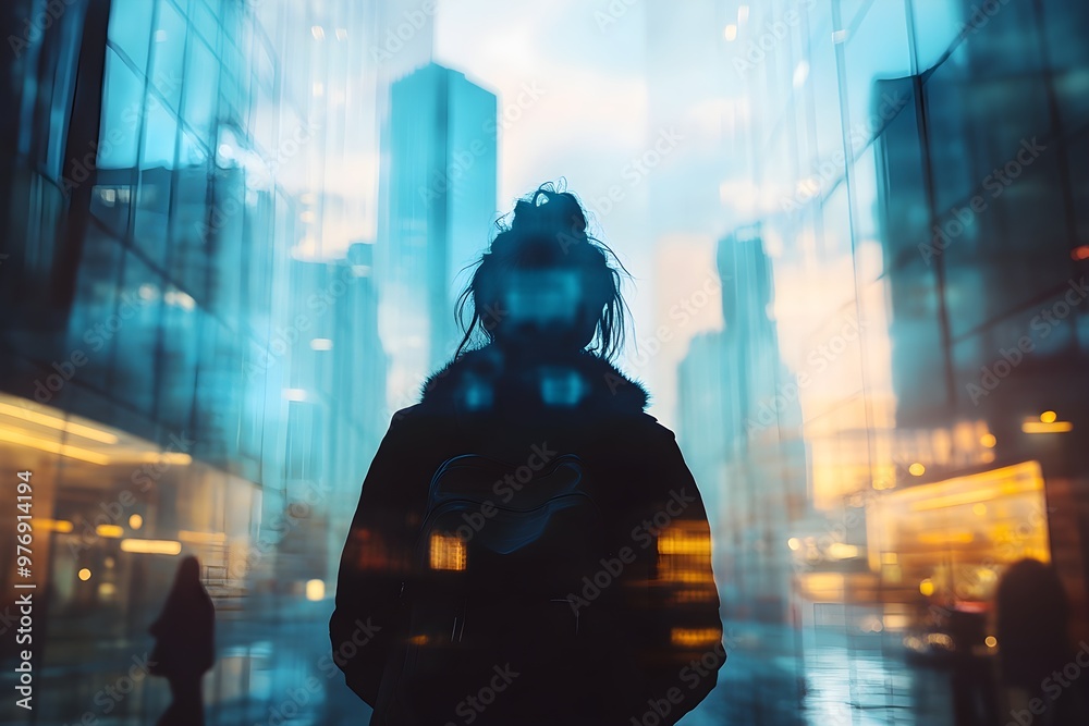 urban architecture, modern design, innovation, progress, city life, close up, focus on, copy space, sharp lines, mixed tones, Double exposure silhouette with a person admiring urban architecture, modern design, innovation, progress, city life, close up, focus on, copy space, sharp lines, mixed tones, Double exposure silhouette with a person admiring