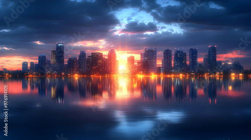 A cityscape skyline with skyscrapers silhouetted against a vibrant sunset sky reflecting in the calm water of a lake or river.