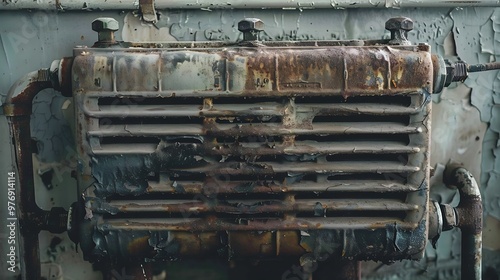 An lengthy aged and grimy grey toned automotive radiator with cracked iron photo