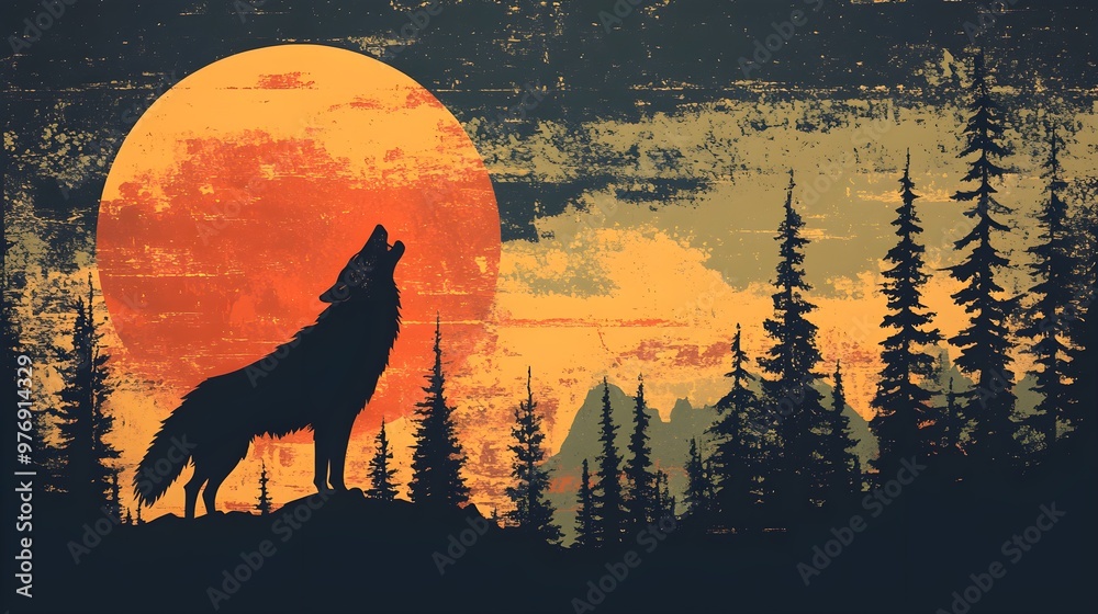 A dynamic design showcasing a wolf howling at the moon, with the local forest skyline in the background, emphasizing the wild spirit of the region A dynamic design showcasing a wolf howling at the moon, with the local forest skyline in the background, emphasizing the wild spirit of the region