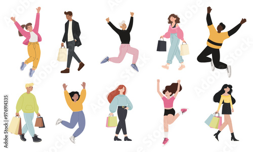 Diverse flat people Characters Shopping and Celebrating