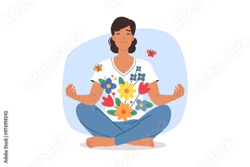 Meditating woman sits in yoga lotus position and feels psychological comfort and blooming flowers in soul. Meditating lady is interested in buddhist practices that help improve mental well-being.