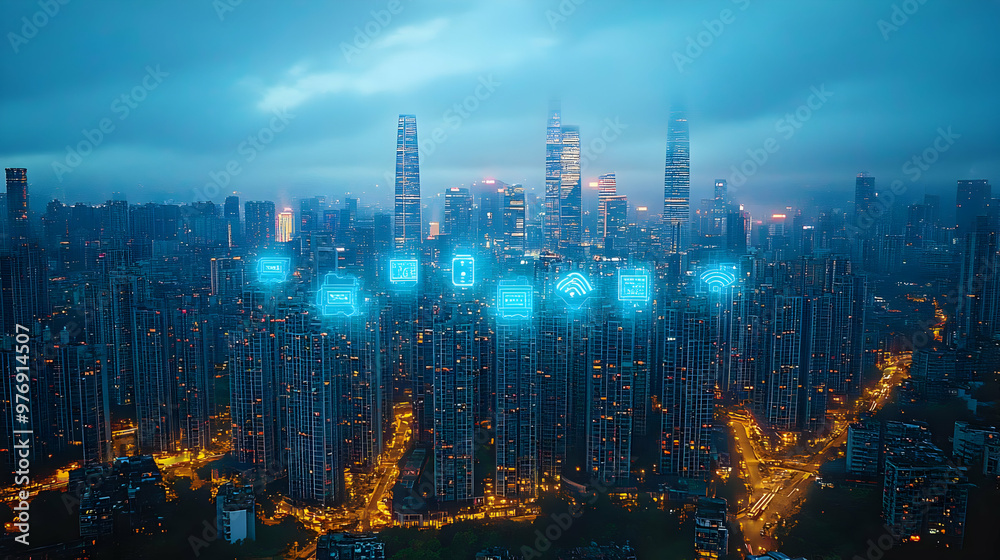 A cityscape with a variety of icons representing the internet of things, or IoT, over the top of the city skyline. The image is taken at dusk with a cloudy sky.