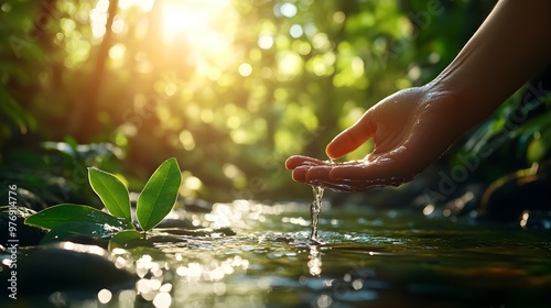 forest stream, flowing water, natural beauty, peace, calm, close up, focus on, copy space, soft greens, dynamic motion, Double exposure silhouette with a person dipping hands