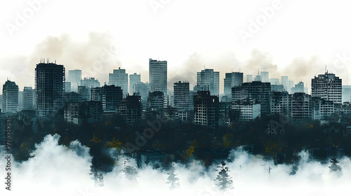A cityscape with smoke and ...