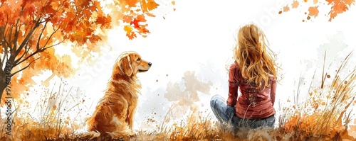 The golden dog sits closely beside the girl, both of them surrounded by the warm tones of autumn leaves, with soft grass underfoot and the rich colors of fall providing a stunning landscape.