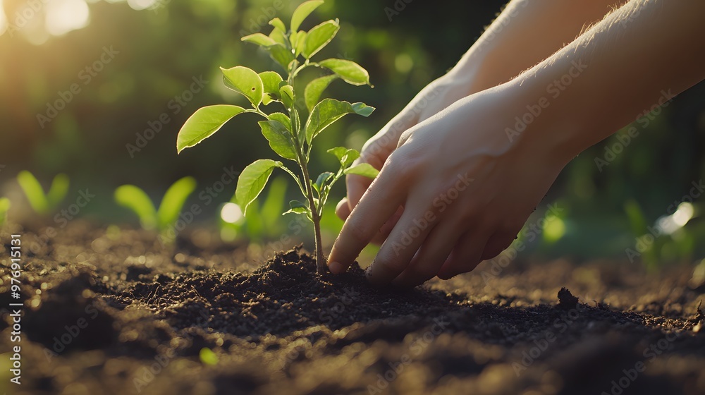 Fototapeta premium Close-up of hands planting a young tree in soil, sunlight beams on the plant and hand, blurred background with a garden bed full of green plants and trees on a sunny day