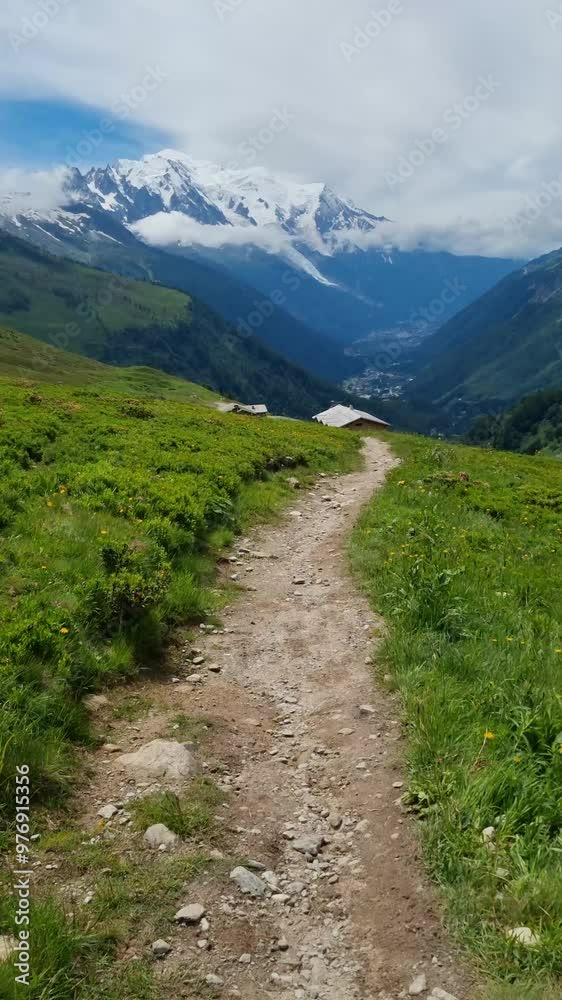The Tour du Mont Blanc trail, TDMB, leading across lush green mountain meadow with full view of the snow covered Mont Blanc massif
The Tour du Mont Blanc trail, TDMB, leading across lush green mountain meadow with full view of the snow covered Mont Blanc massif