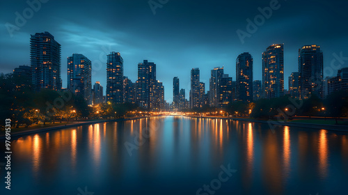 A cityscape with tall build...