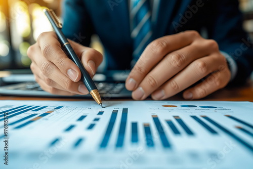 A person in a suit writing on a piece of paper with a pen