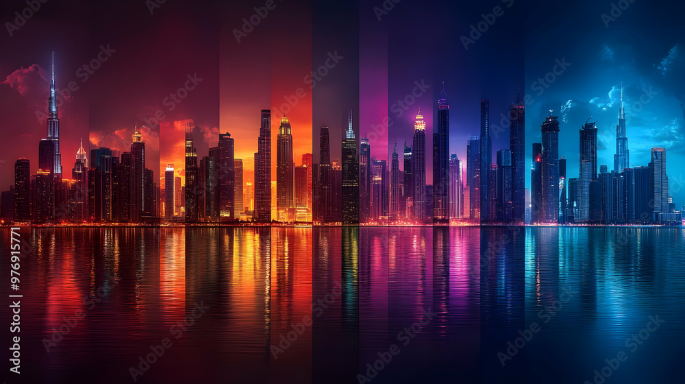 A colorful cityscape with skyscrapers illuminated at night. The city reflects in the water. A colorful cityscape with skyscrapers illuminated at night. The city reflects in the water.