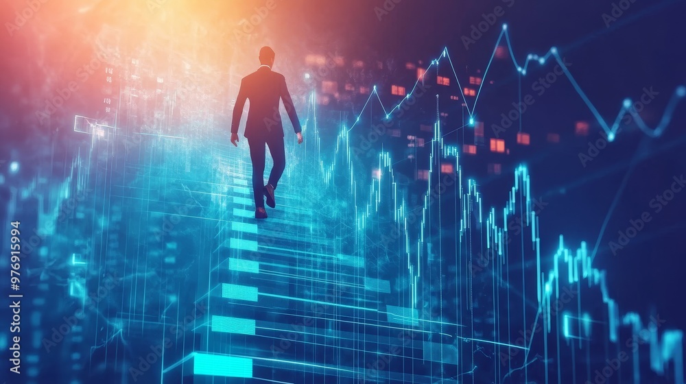 Climbing the Financial Steps: Businessperson Achieving Career Growth with Rising Charts Climbing the Financial Steps: Businessperson Achieving Career Growth with Rising Charts