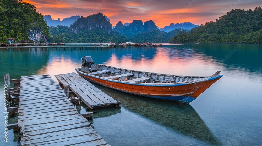 Tranquil sunrise over a mountain lake. Traditional longtail boat and a wooden pier at the lake. Tranquil sunrise over a mountain lake. Traditional longtail boat and a wooden pier at the lake.