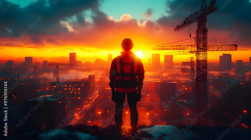 Fototapeta premium A construction worker stands on a rooftop overlooking a city skyline at sunset.