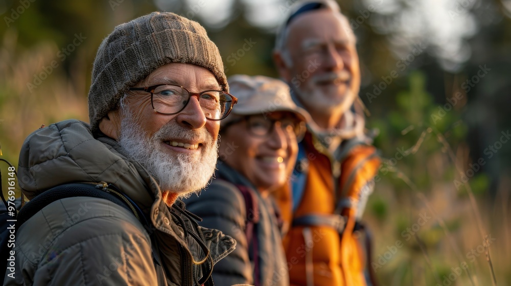 A group of seniors enjoying a nature hike on a sunny day A group of seniors enjoying a nature hike on a sunny day