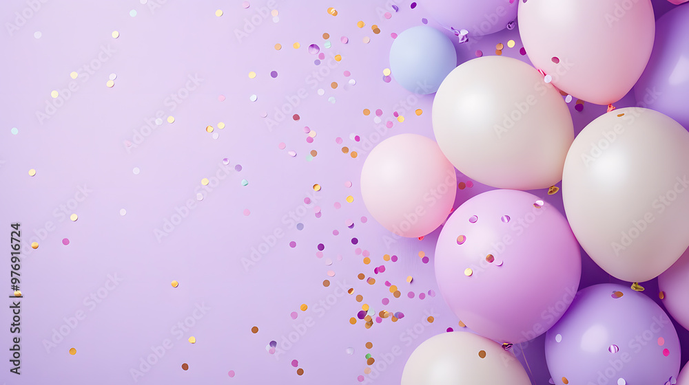 Pastel Balloons with Confetti on a Purple Background with copy space Pastel Balloons with Confetti on a Purple Background with copy space