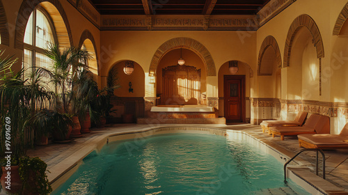 A historical bathhouse with classical architecture and vintage charm.