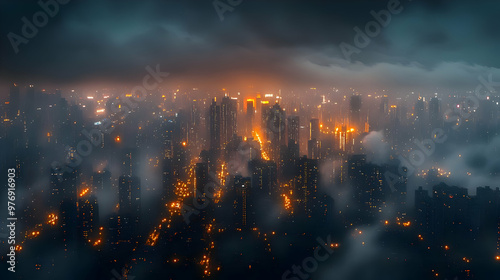 A dense cityscape shrouded ...
