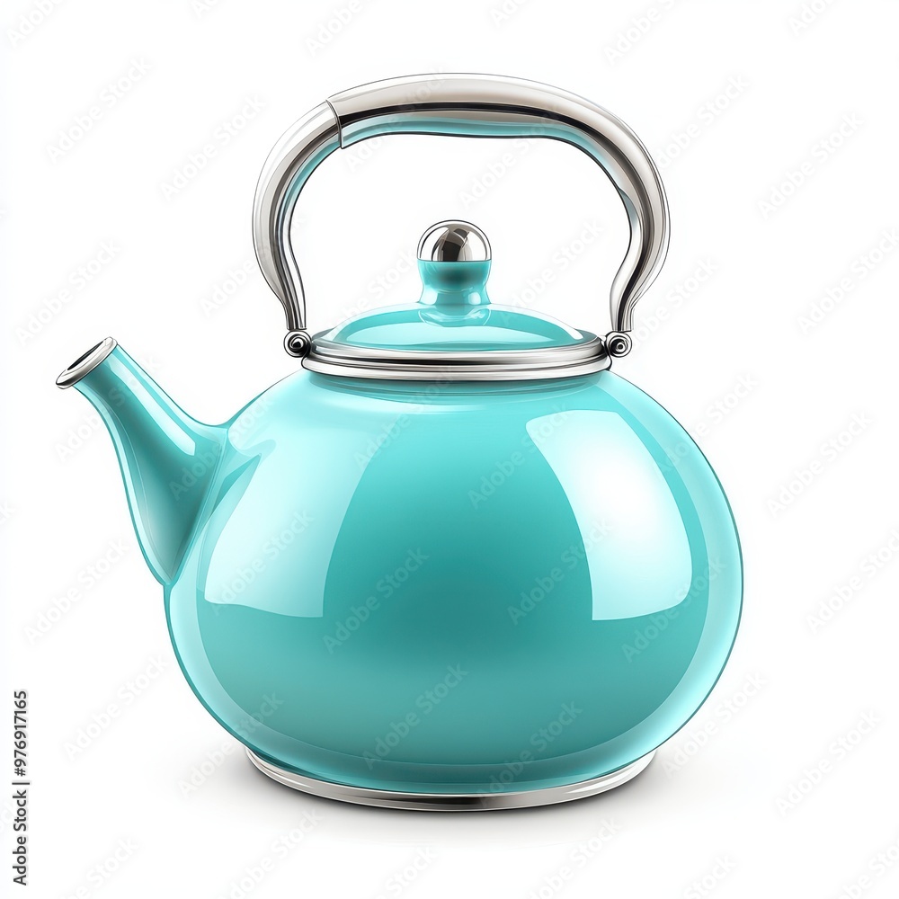 Obraz premium Stylish turquoise kettle with a shiny handle, perfect for brewing tea and adding a pop of color to your kitchen decor, white background