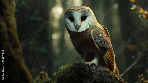 An owl with a white face and golden-brown feathers perches on a branch in a dark, mystical forest. The blurred background highlights the bird's expressive eyes photo