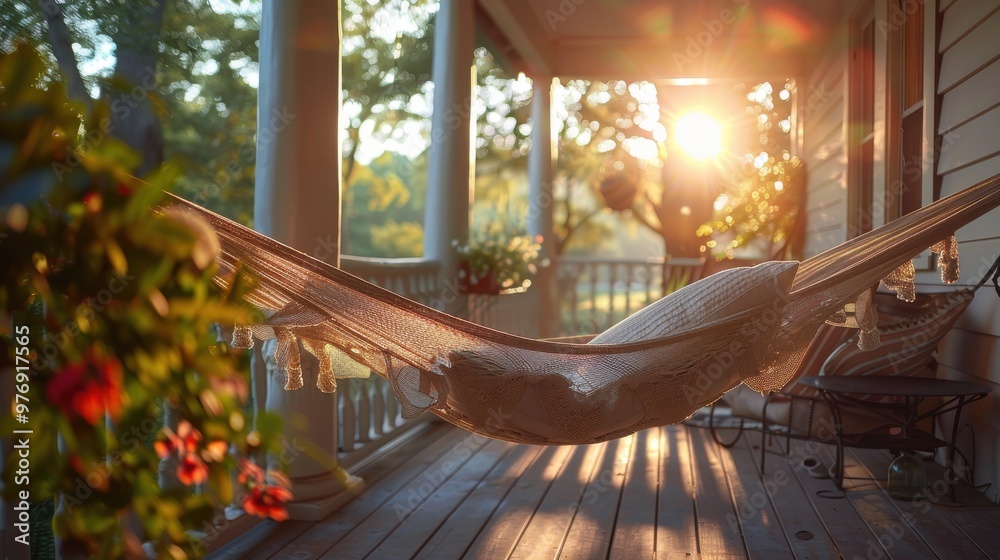 Fototapeta premium A relaxing day spent in a hammock on a sunlit porch, with soft cushions and a gentle breeze making the perfect setting for unwinding
