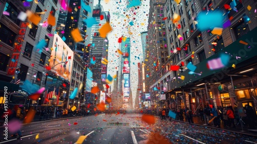 Spectacular view of the Macy's Thanksgiving Day Parade with multi-colored confetti raining down on Manhattan's bustling streets isolated on a gradient background
