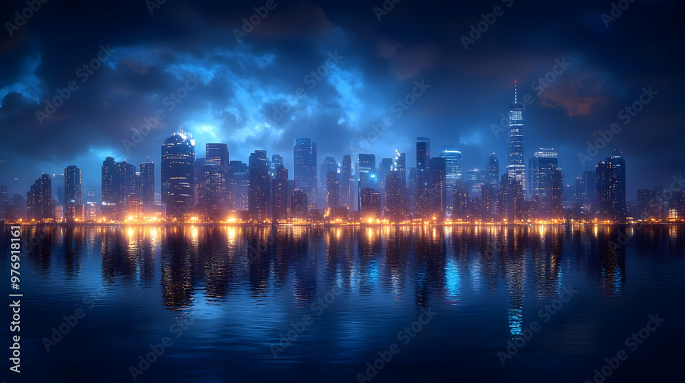 A dramatic cityscape at night with towering skyscrapers and a dark, stormy sky reflected in the water.