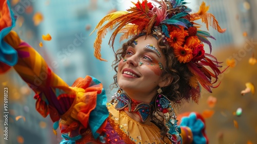 Vibrant Macy's Thanksgiving Day Parade performer adorned in autumnal colors dances enthusiastically amid New York's iconic architecture background with empty space for text