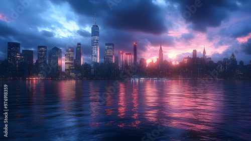 A dramatic cityscape skyline with a vibrant pink and blue sunset reflected in the water.