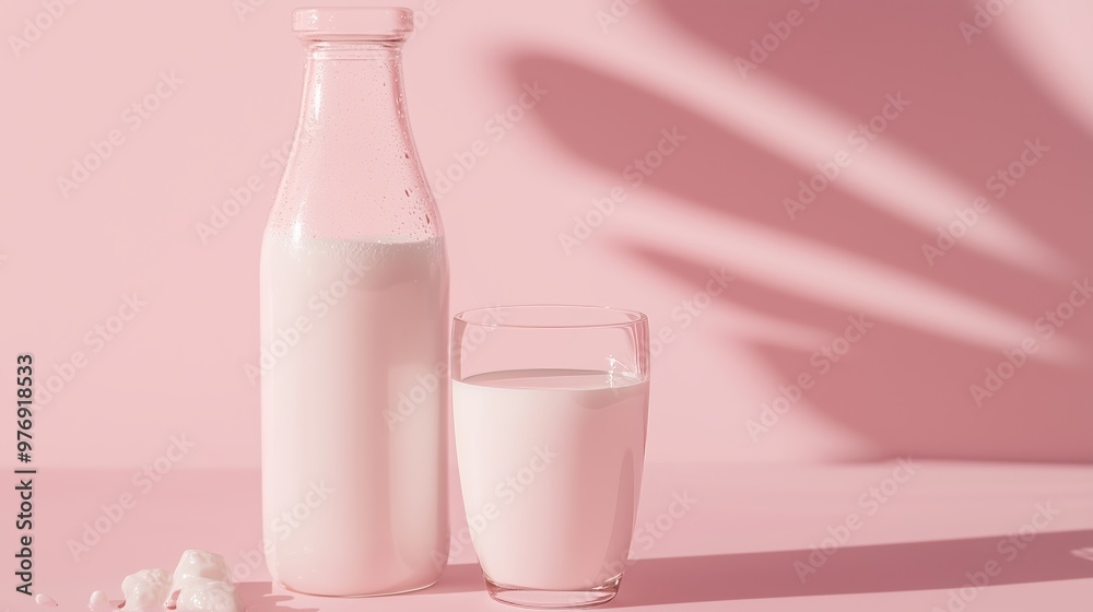 A chilled milk bottle and creamy glass against a soft pink backdrop radiate fresh simplicity. A chilled milk bottle and creamy glass against a soft pink backdrop radiate fresh simplicity.
