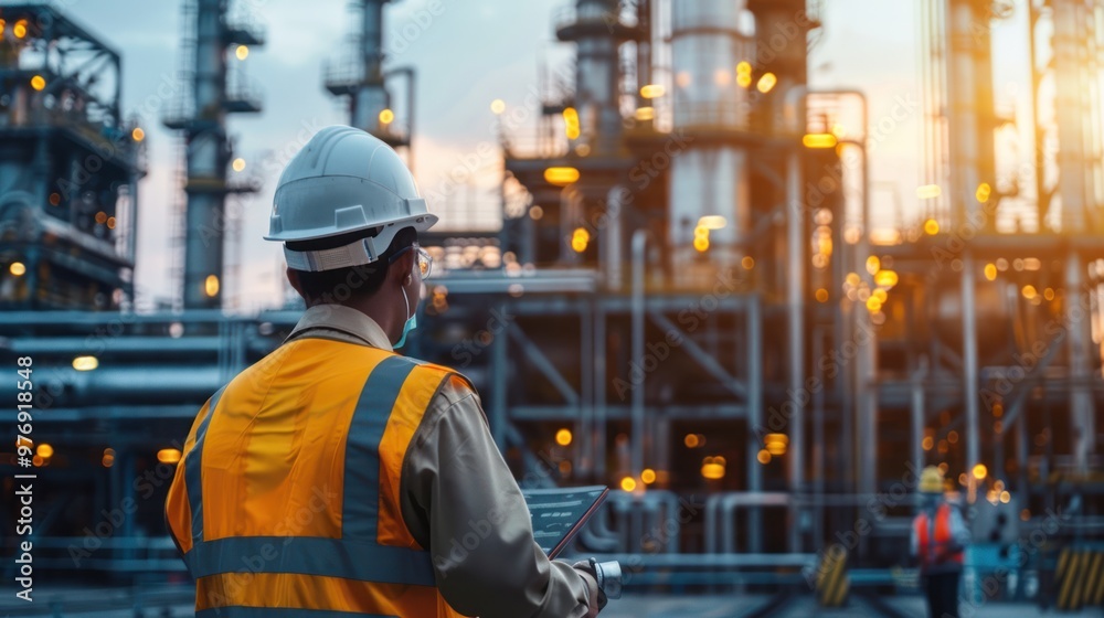 Refinery industrial engineers are working and discussing in front of oil and gas industrial plant. Refinery for industry. Refinery industrial engineers are working and discussing in front of oil and gas industrial plant. Refinery for industry.