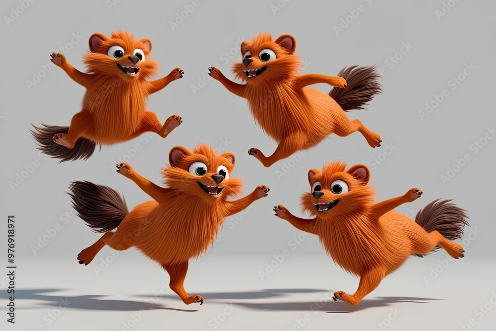 Fototapeta premium Playful Orange Furry Creatures Jumping and Dancing in 3D Render Isolated on White Background