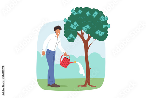 Man waters money tree, caring about increasing personal capital and financial stability. Businessman takes care of future and increases wealth through money investments in reliable assets